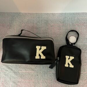 Jadelynn Brooke Set of Cosmetic Bag & Cell Phone Wristlet With Initial K Black